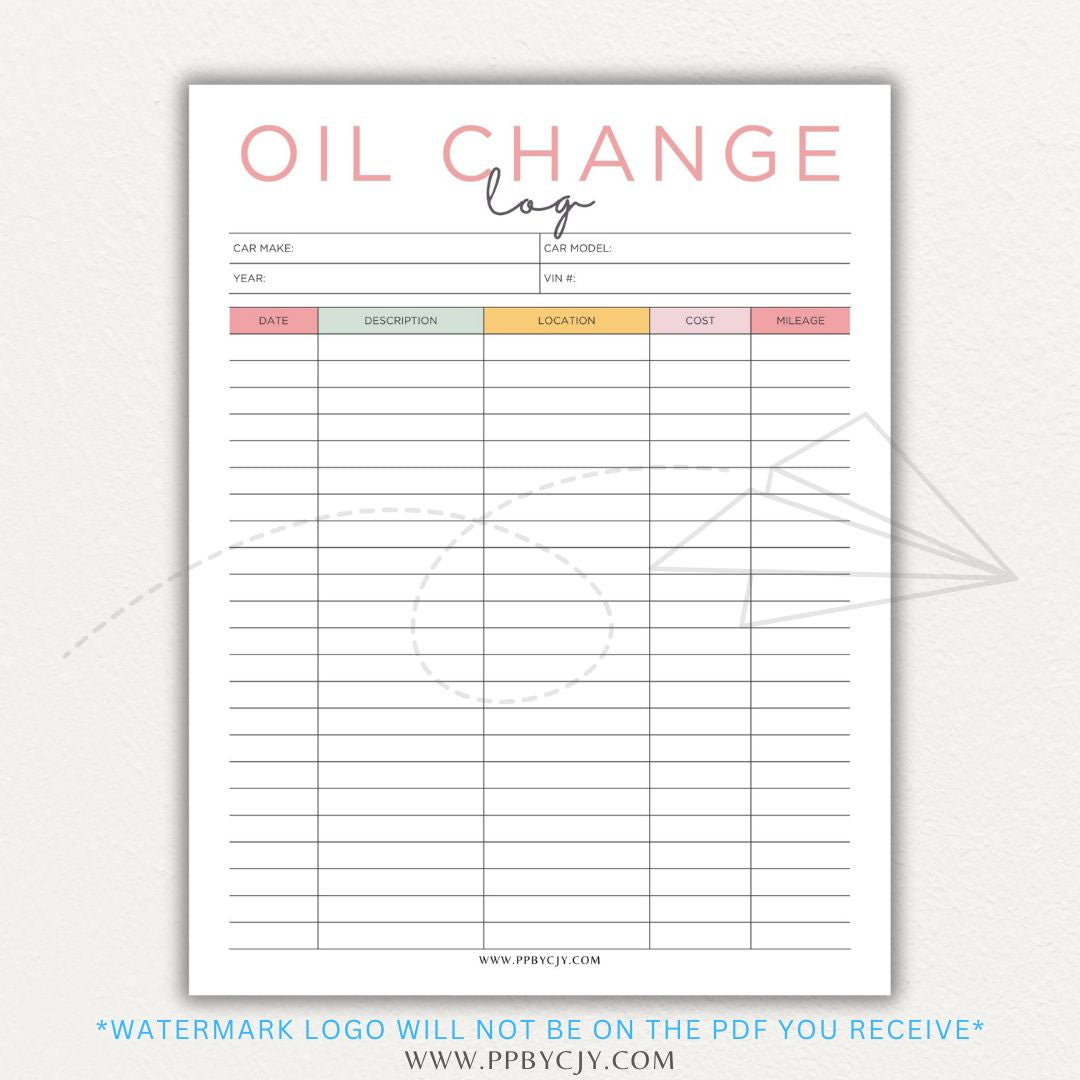 Oil Change Log Printable PDF Template for tracking vehicle maintenance and service history.