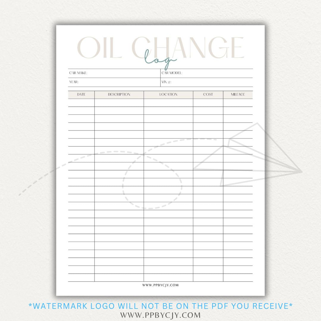 Oil Change Log Printable PDF Template for tracking vehicle maintenance and service history.