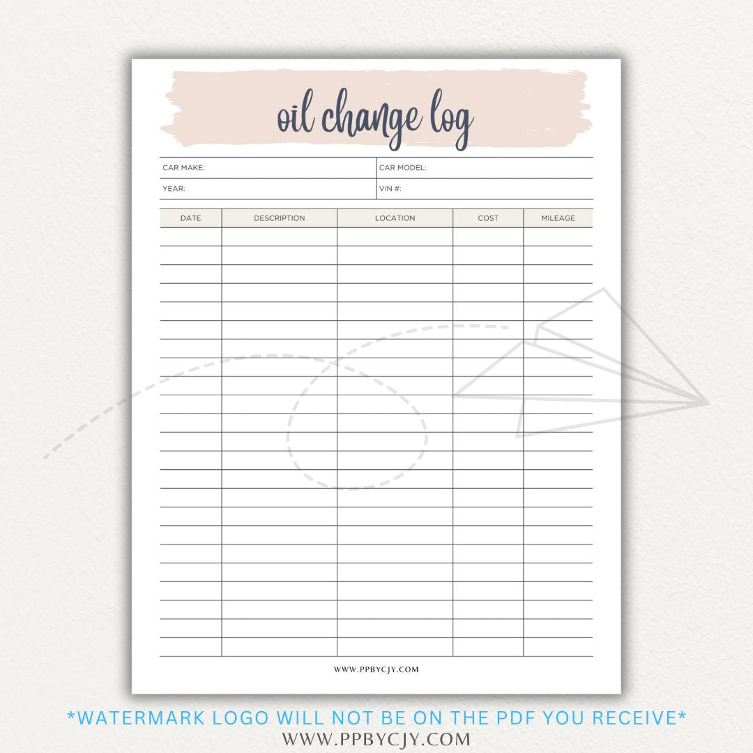 Oil Change Log Printable PDF Template for tracking vehicle maintenance and service history.