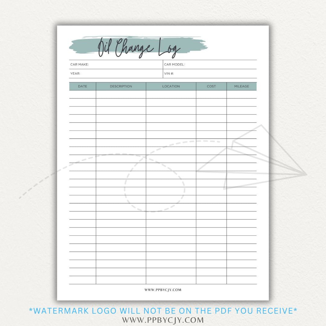 Oil Change Log Printable PDF Template for tracking vehicle maintenance and service history.