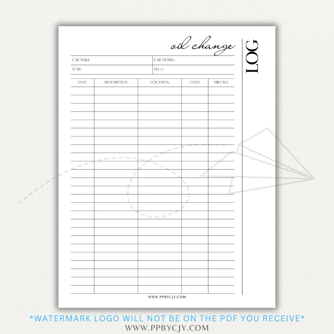 Oil Change Log Printable PDF Template for tracking vehicle maintenance and service history.
