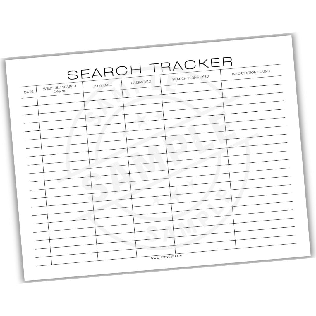 Blank search tracker sheet with columns for date, website/search engine, username, password, search terms used, and information found.