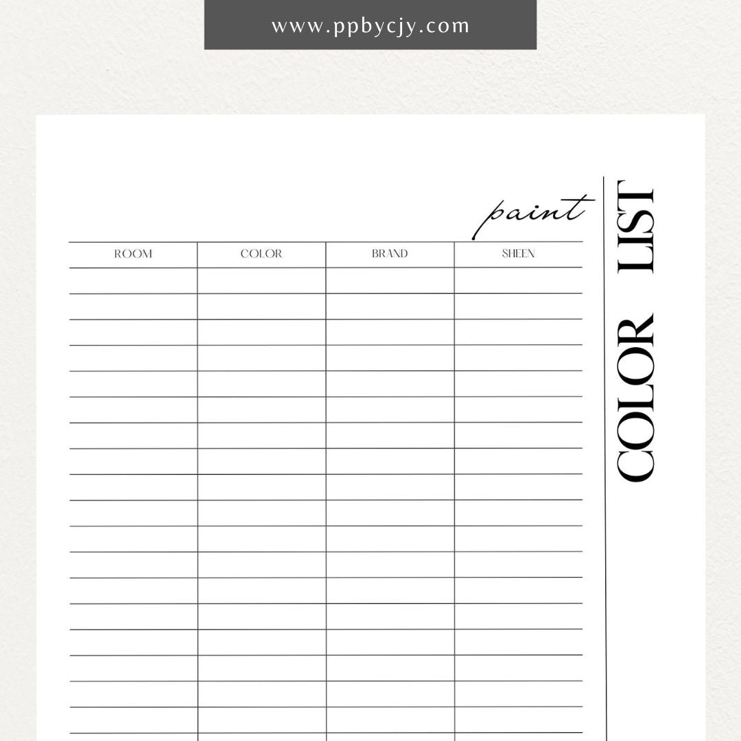 Paint Color List Printable Template – Digital download for organizing and tracking paint colors, including names, codes, and usage details.
