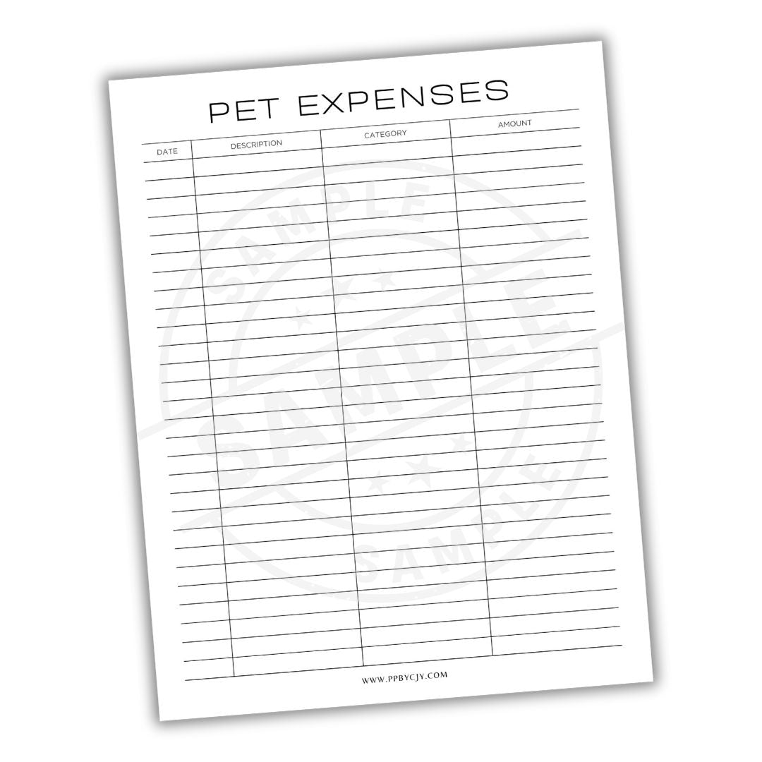 Sheet titled 'Pet Expenses' with columns for date, description, category, and amount on a white background.
