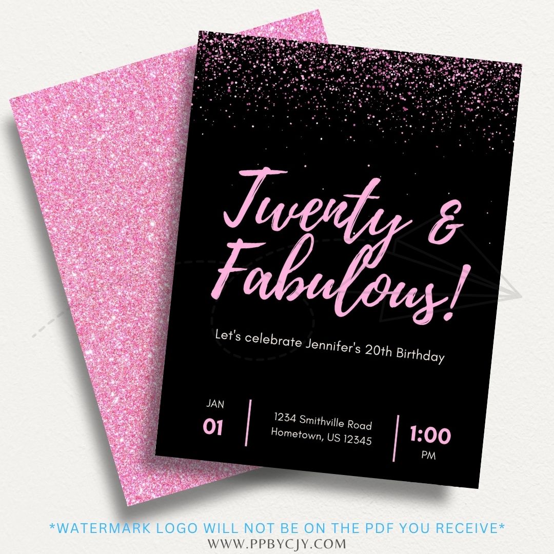 Pink glitter printable invitation featuring a glamorous design, perfect for birthdays, bridal showers, and festive celebrations.