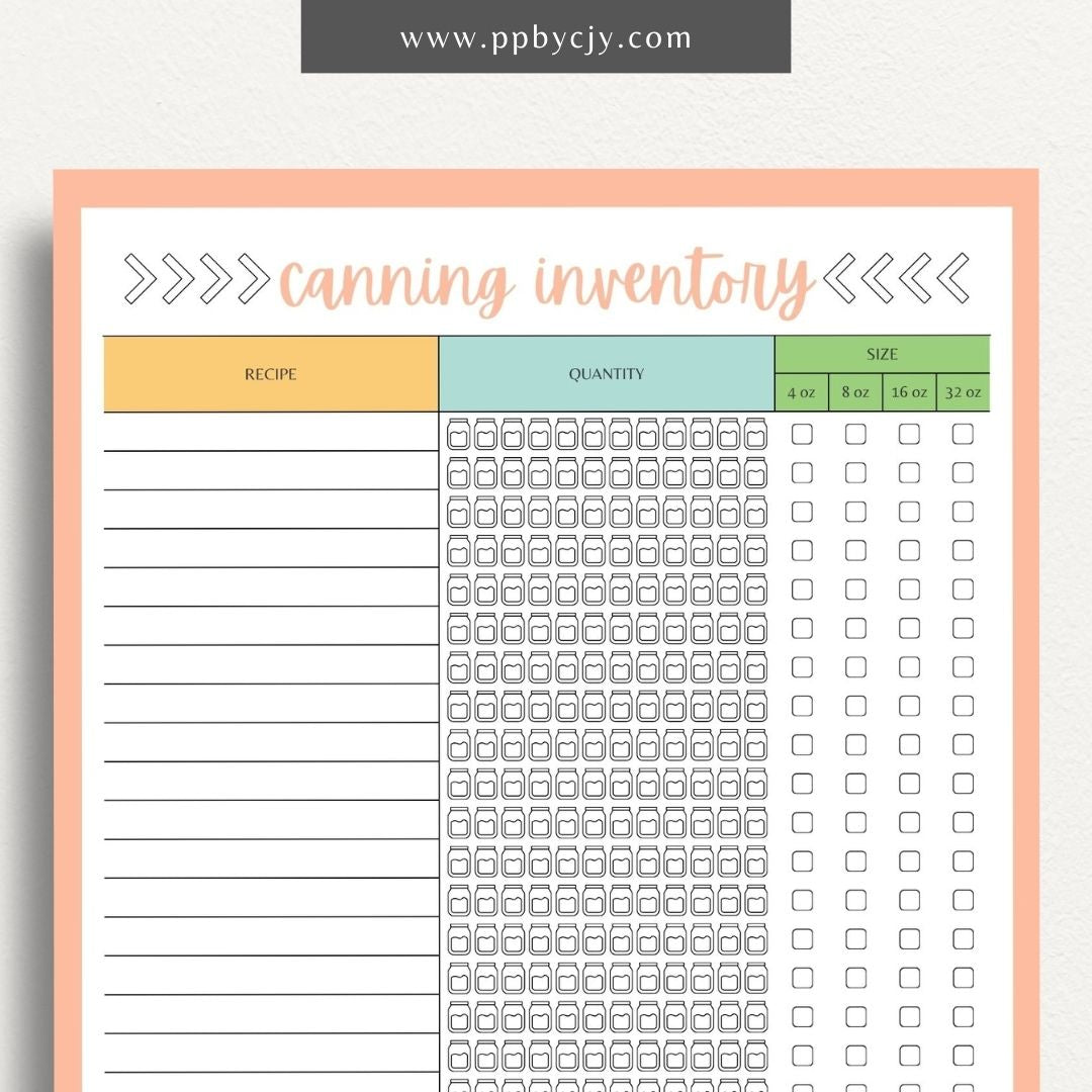 Homestead Canning Inventory Printable Template – Digital download for recording and managing home-canned goods and supplies.