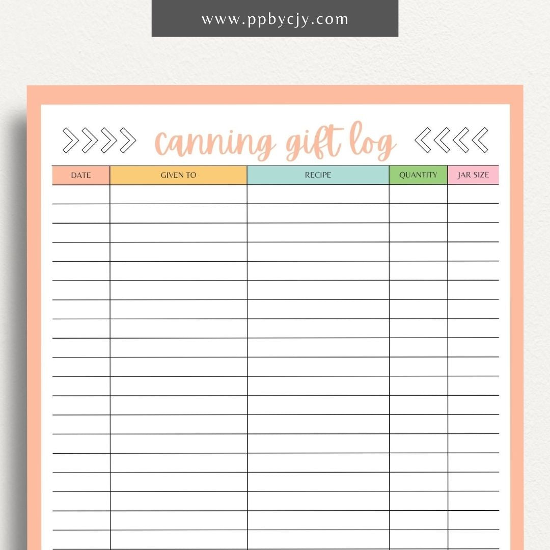 Homestead Canning Gift Log Printable Template – Digital download for tracking and organizing gifts made from home-canned goods.