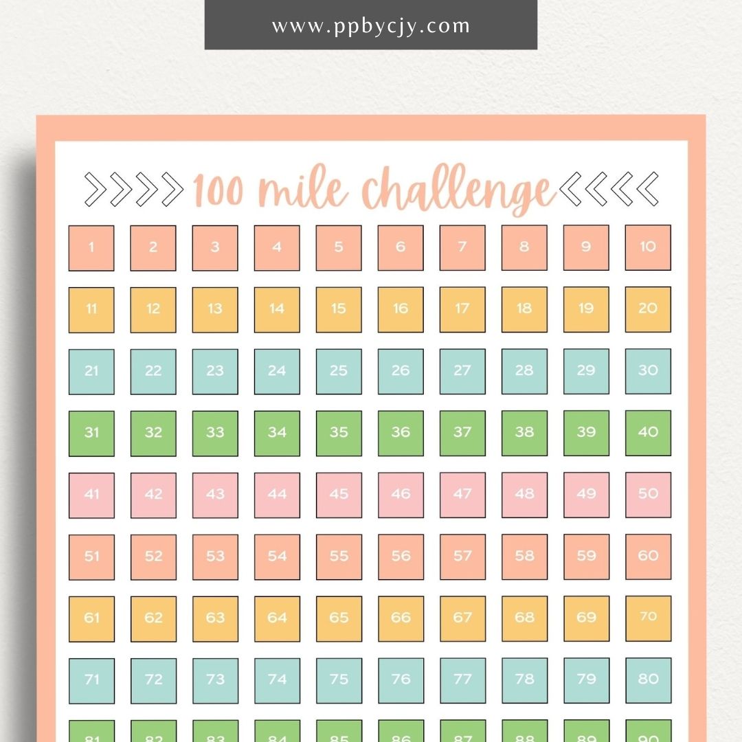 100 Mile Challenge Printable Template – Digital Download for Tracking Your Mileage Goals
