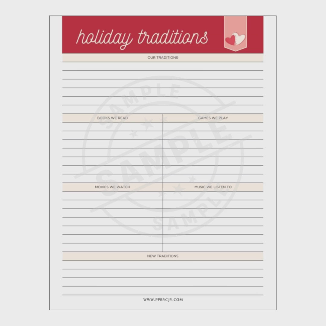 Holiday traditions planner sheet with a red banner at the top on a white background.