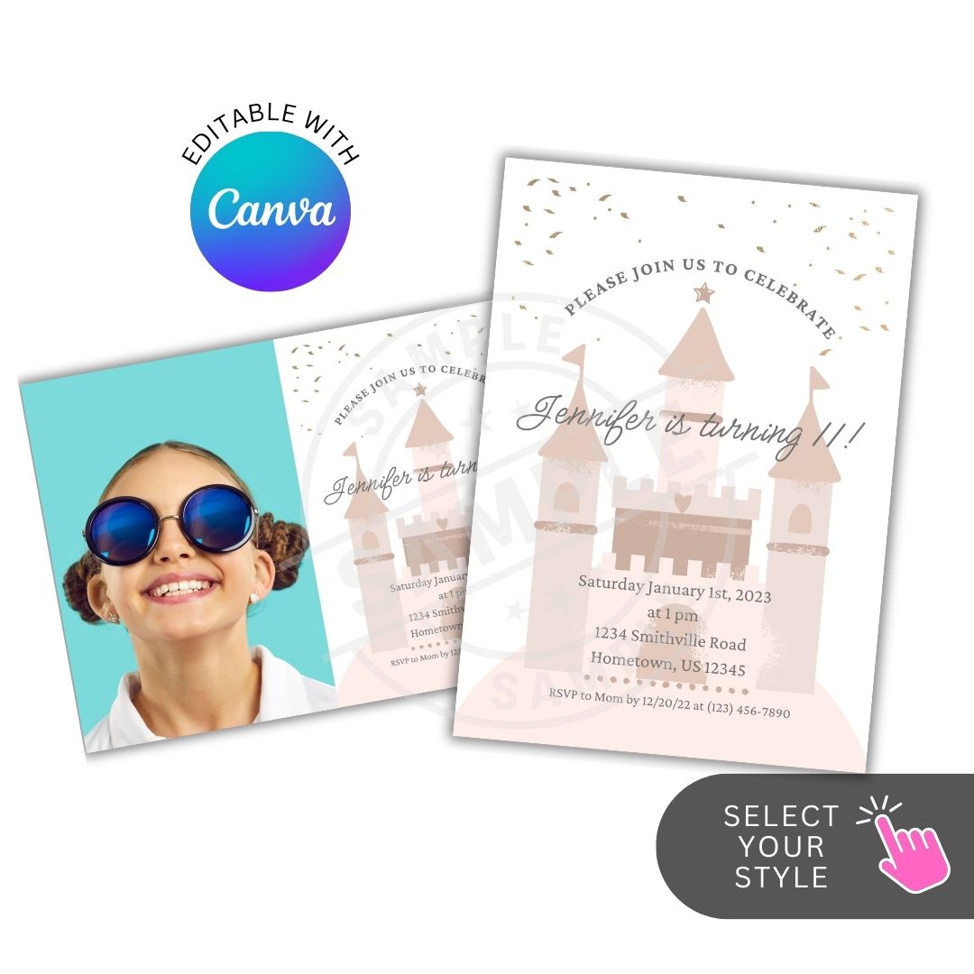 Birthday invitation card with castle design and photo editing option on a white background