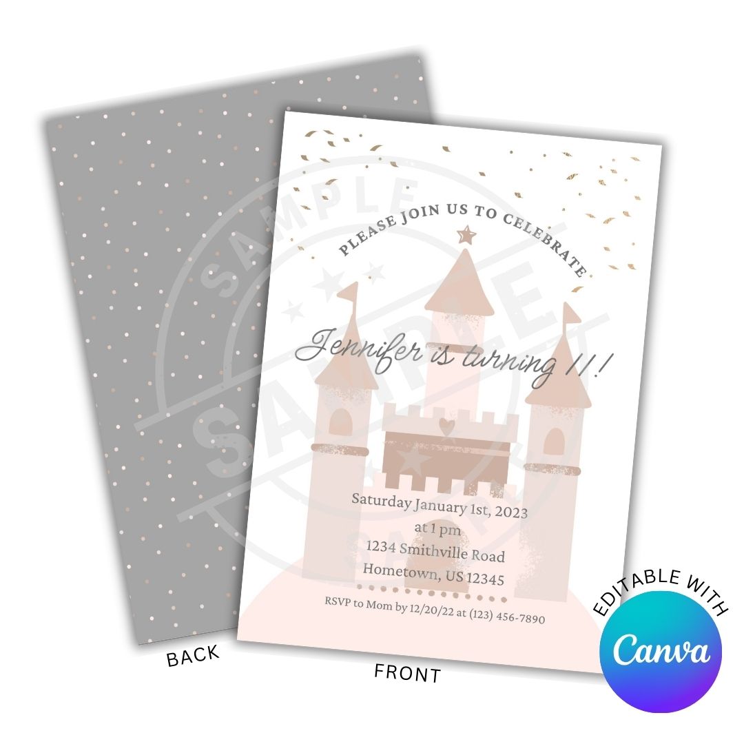 Invitation card with castle design and editable text, featuring Canva logo.