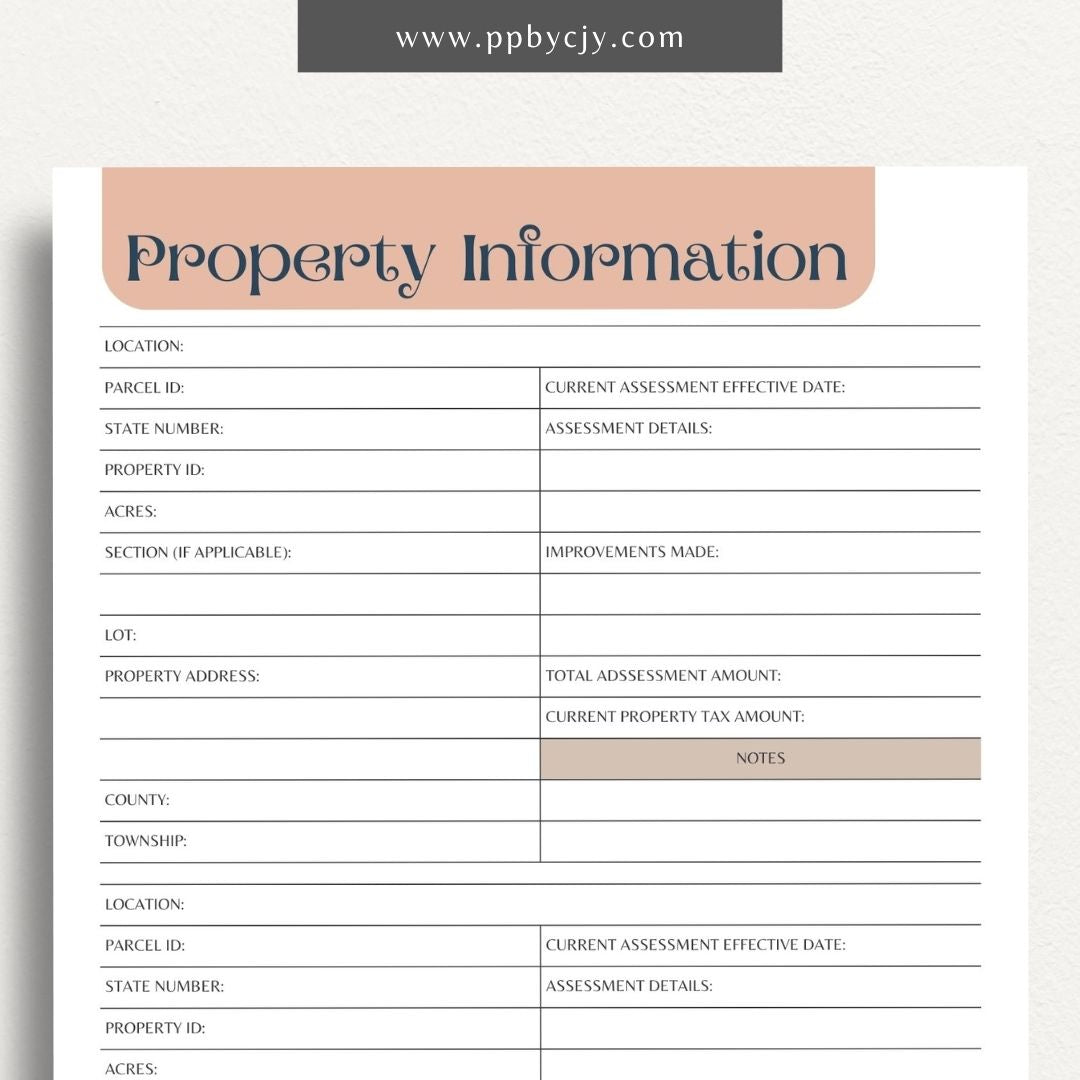 Property Information Printable Template – Digital download for recording and managing details about real estate properties, including features, values, and maintenance records