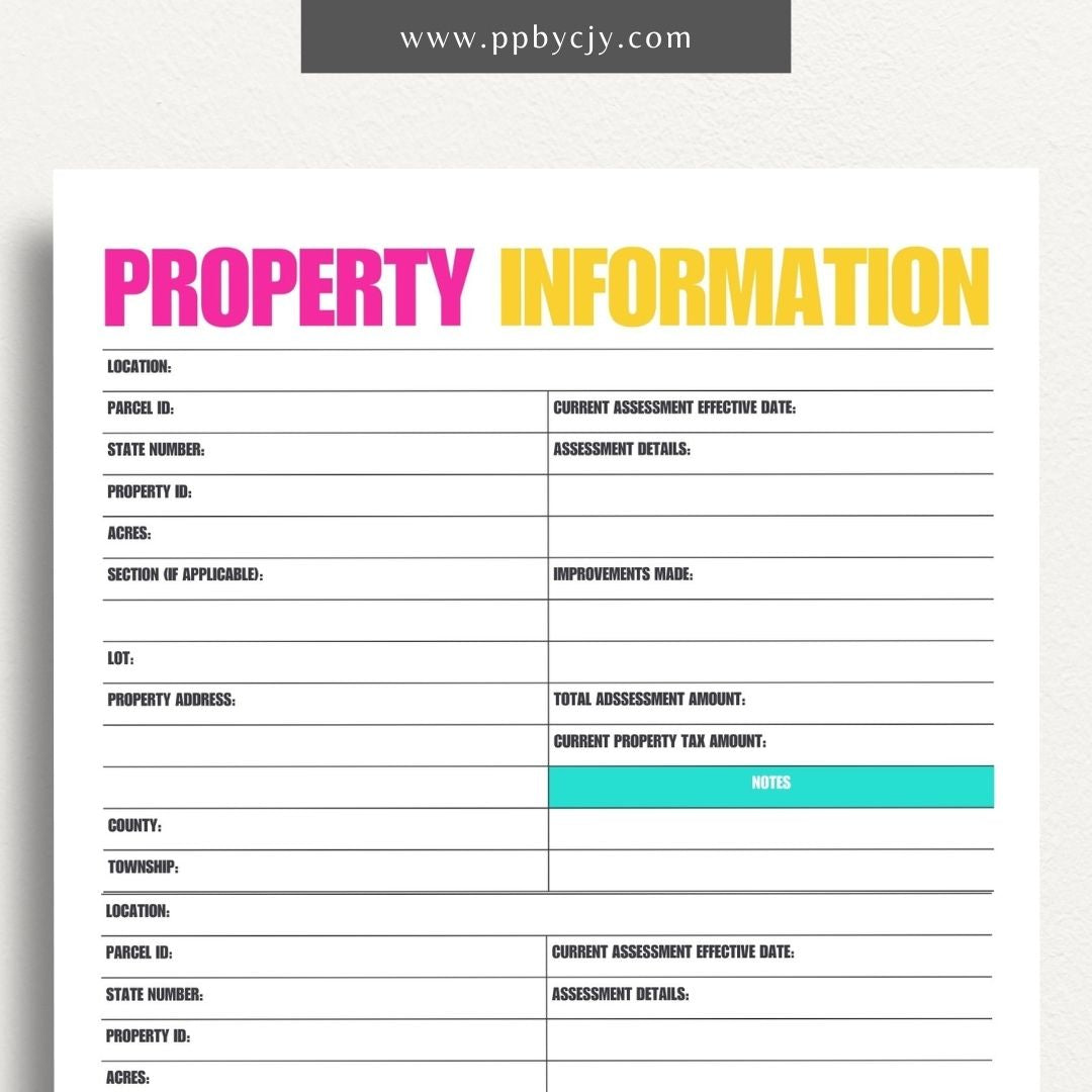 Property Information Printable Template – Digital download for recording and managing details about real estate properties, including features, values, and maintenance records