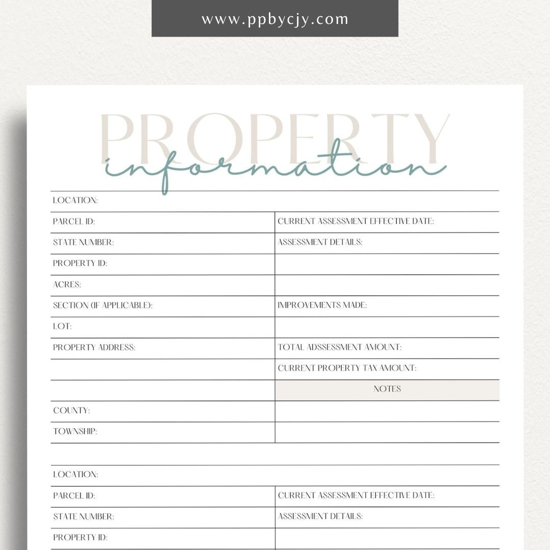 Property Information Printable Template – Digital download for recording and managing details about real estate properties, including features, values, and maintenance records
