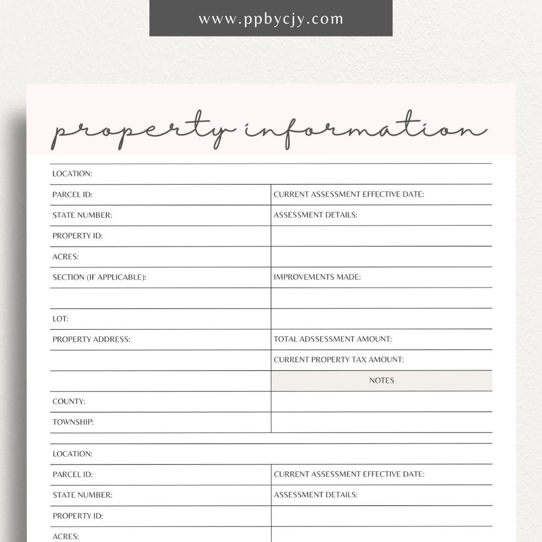 Property Information Printable Template – Digital download for recording and managing details about real estate properties, including features, values, and maintenance records