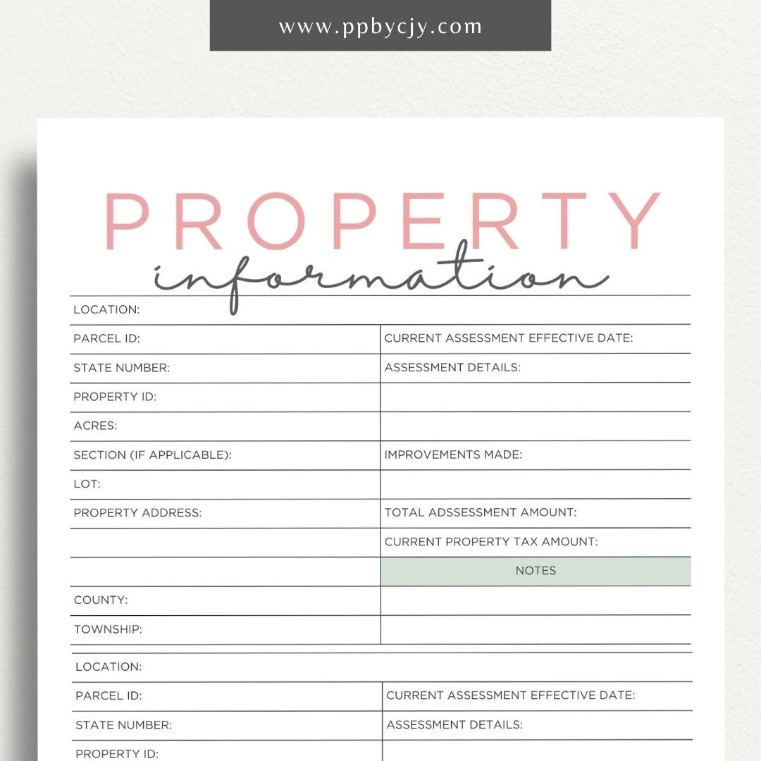 Property Information Printable Template – Digital download for recording and managing details about real estate properties, including features, values, and maintenance records