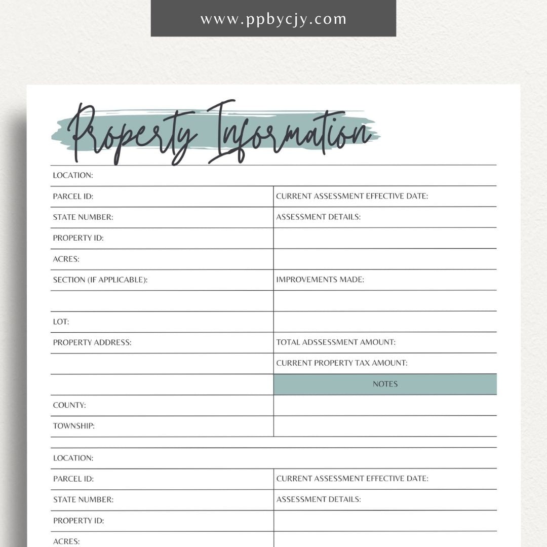 Property Information Printable Template – Digital download for recording and managing details about real estate properties, including features, values, and maintenance records