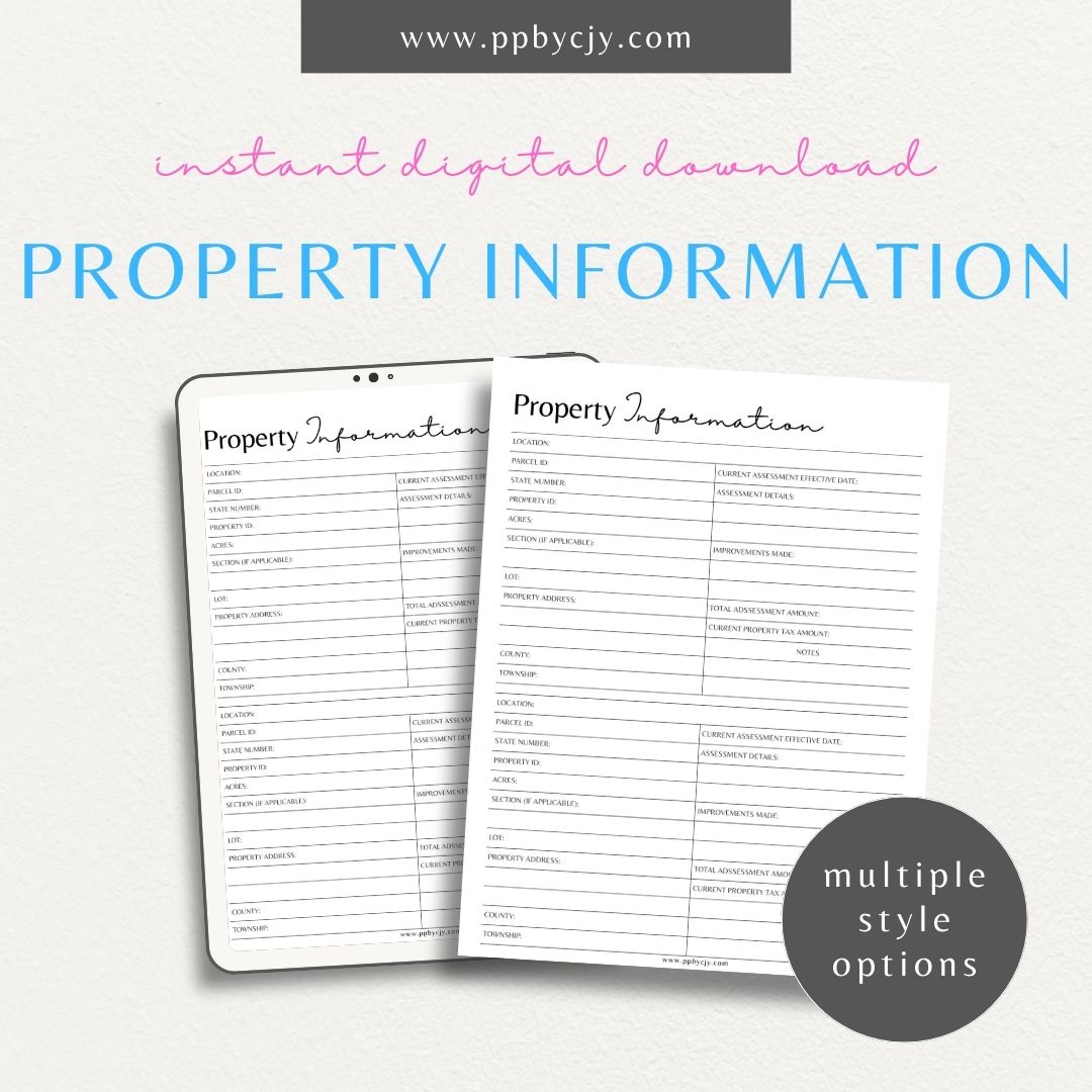 Property Information Printable Template – Digital download for recording and managing details about real estate properties, including features, values, and maintenance records