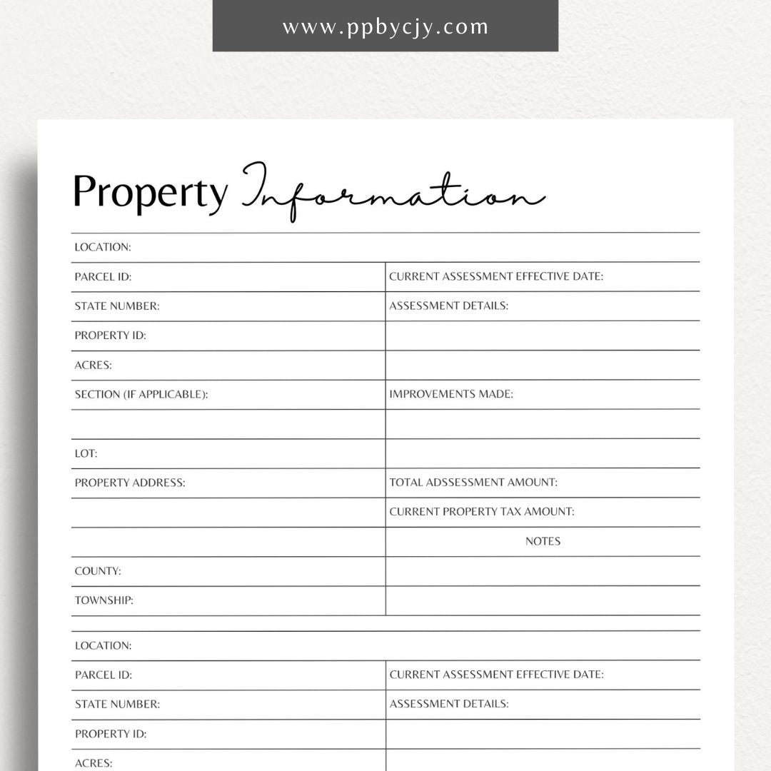 Property Information Printable Template – Digital download for recording and managing details about real estate properties, including features, values, and maintenance records