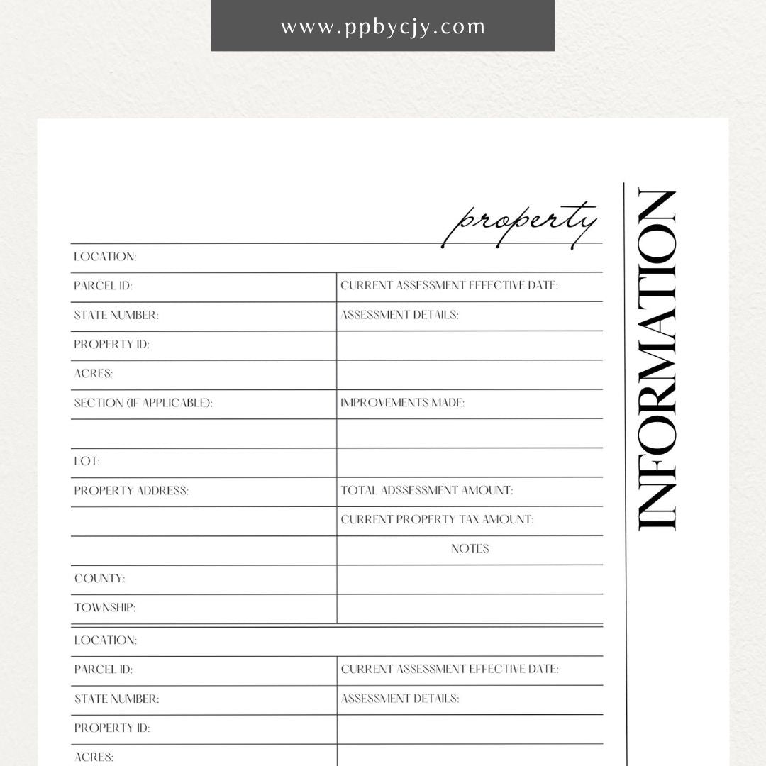 Property Information Printable Template – Digital download for recording and managing details about real estate properties, including features, values, and maintenance records