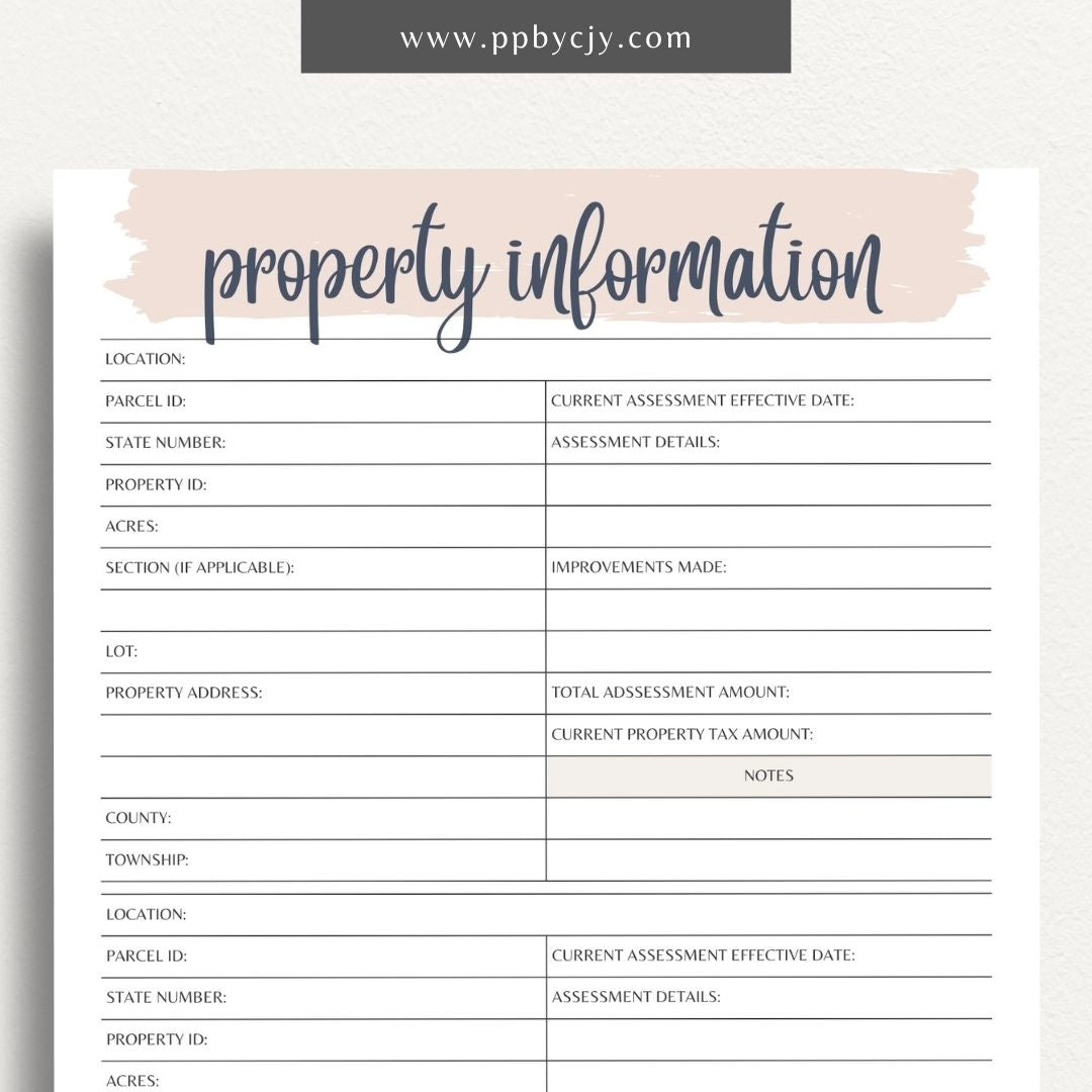 Property Information Printable Template – Digital download for recording and managing details about real estate properties, including features, values, and maintenance records