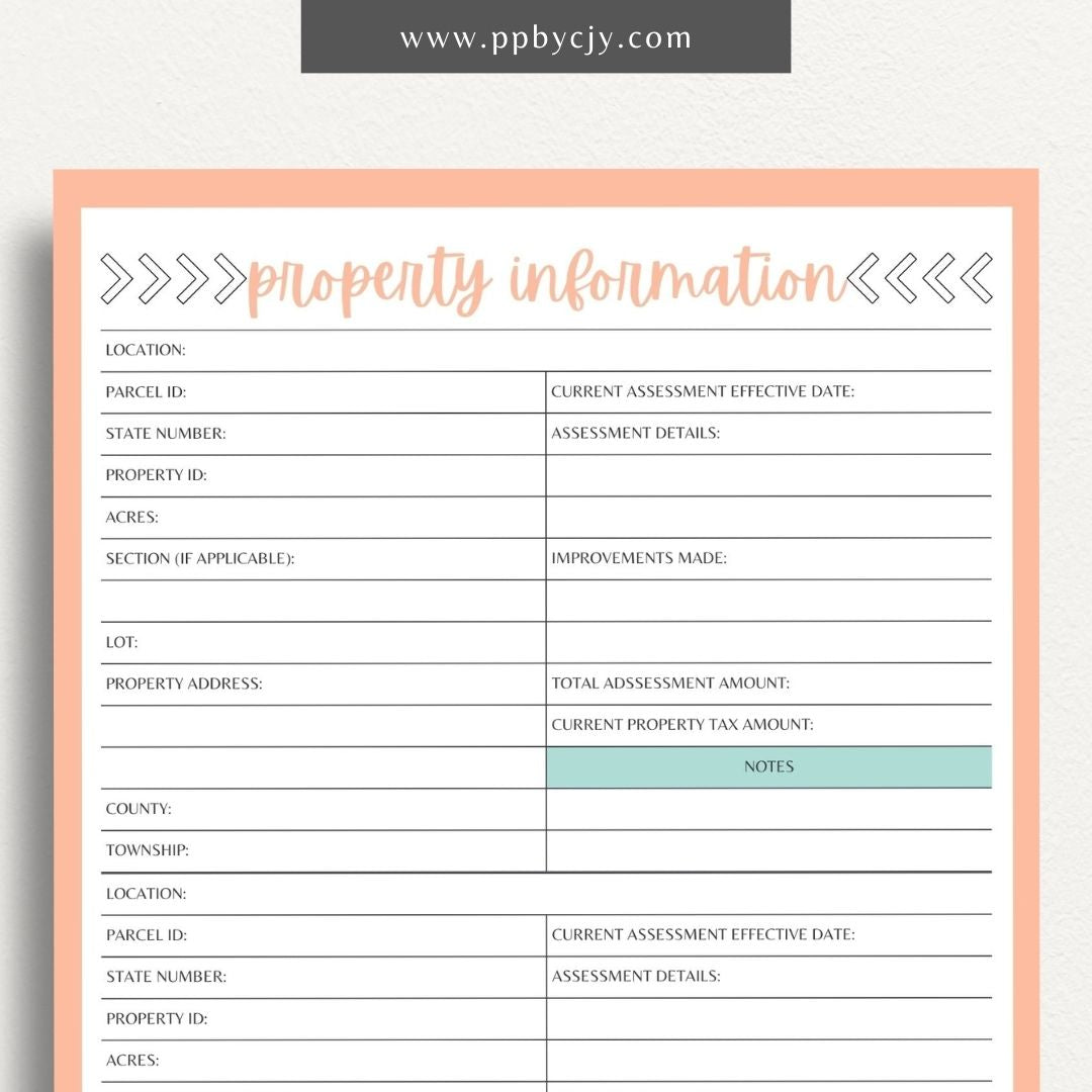 Property Information Printable Template – Digital download for recording and managing details about real estate properties, including features, values, and maintenance records