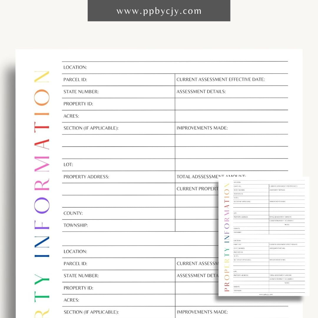 Property Information Printable Template – Digital download for recording and managing details about real estate properties, including features, values, and maintenance records