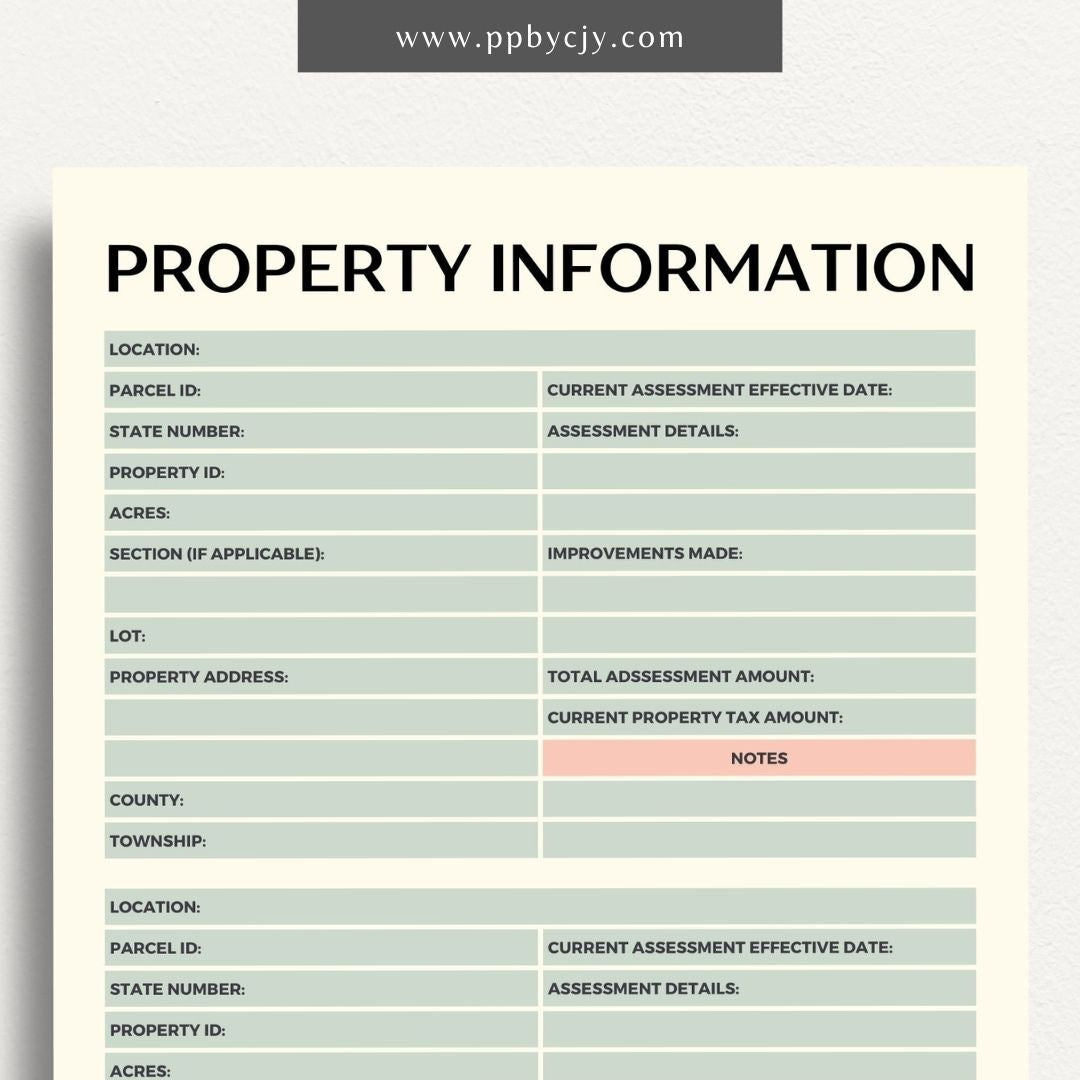 Property Information Printable Template – Digital download for recording and managing details about real estate properties, including features, values, and maintenance records