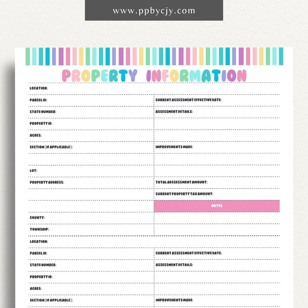 Property Information Printable Template – Digital download for recording and managing details about real estate properties, including features, values, and maintenance records
