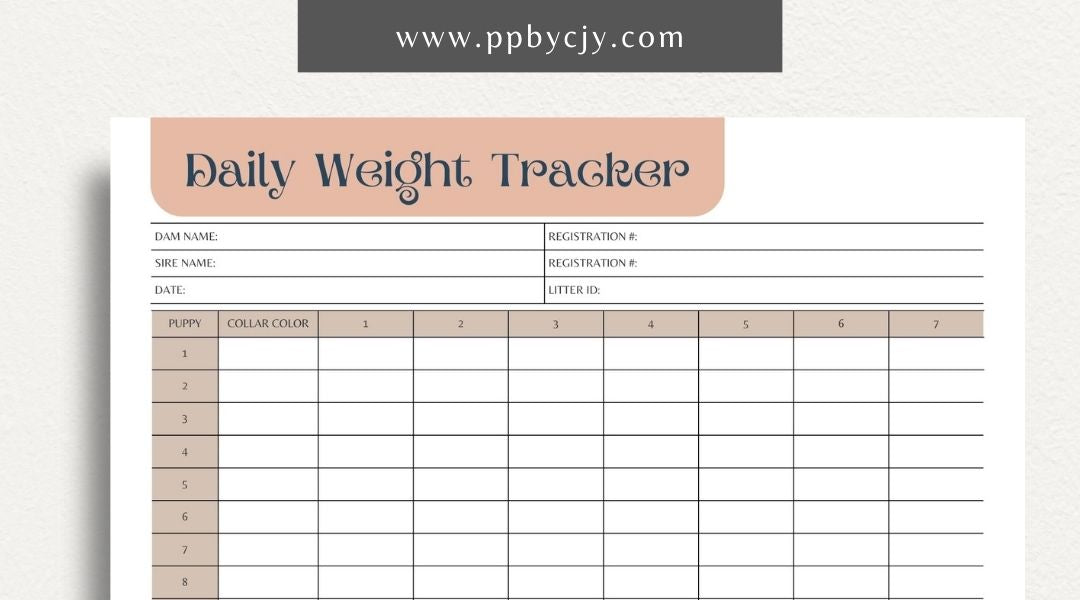 Puppy Daily Weight Tracker Printable Template – Digital download for monitoring and recording a puppy's daily weight and growth progress
