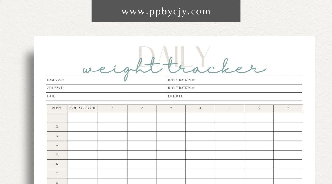 Puppy Daily Weight Tracker Printable Template – Digital download for monitoring and recording a puppy's daily weight and growth progress