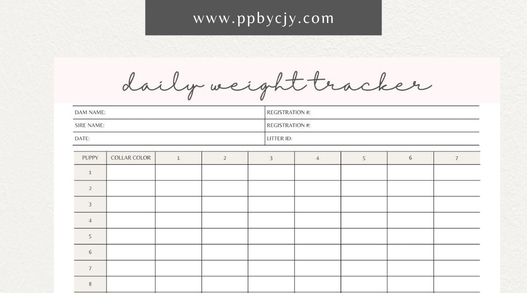 Puppy Daily Weight Tracker Printable Template – Digital download for monitoring and recording a puppy's daily weight and growth progress