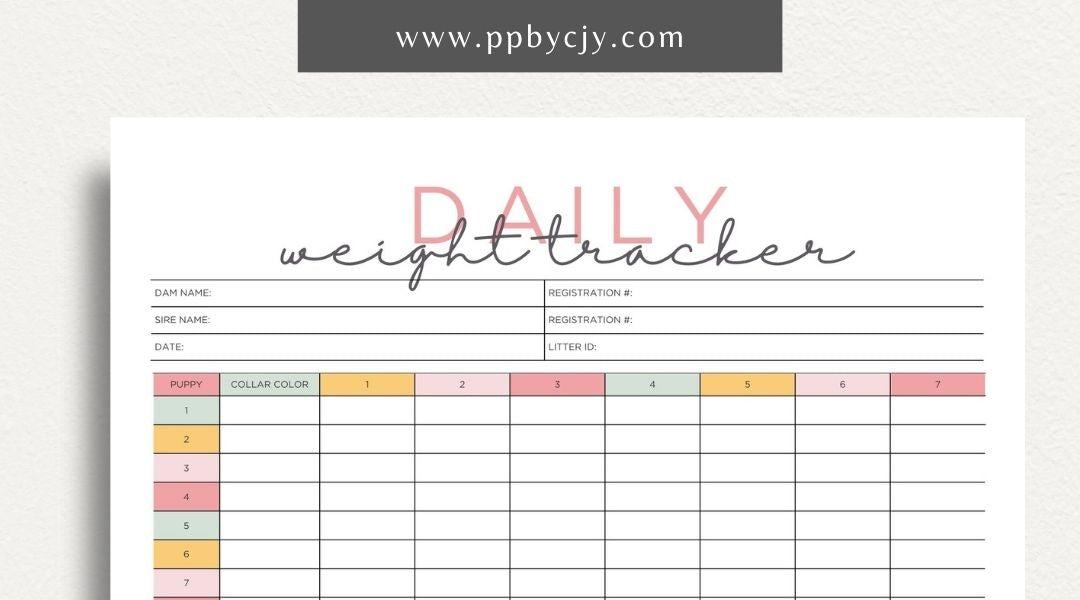 Puppy Daily Weight Tracker Printable Template – Digital download for monitoring and recording a puppy's daily weight and growth progress