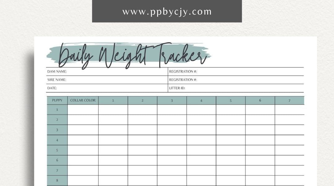 Puppy Daily Weight Tracker Printable Template – Digital download for monitoring and recording a puppy's daily weight and growth progress