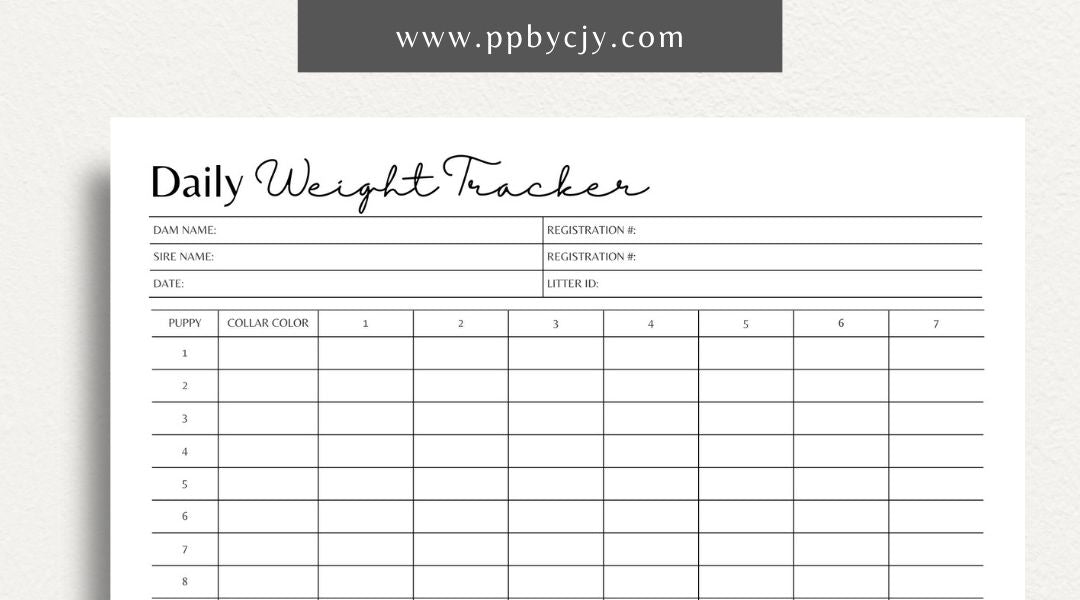 Puppy Daily Weight Tracker Printable Template – Digital download for monitoring and recording a puppy's daily weight and growth progress