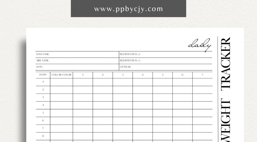 Puppy Daily Weight Tracker Printable Template – Digital download for monitoring and recording a puppy's daily weight and growth progress