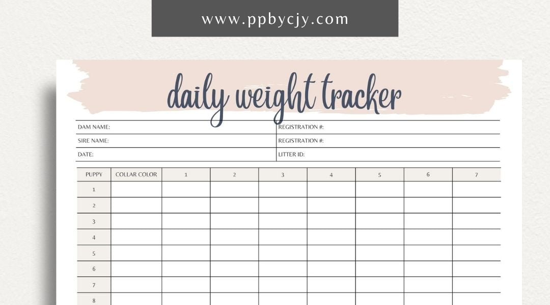Puppy Daily Weight Tracker Printable Template – Digital download for monitoring and recording a puppy's daily weight and growth progress