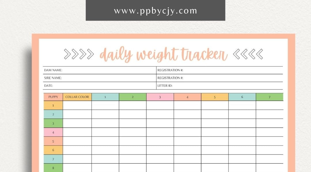 Puppy Daily Weight Tracker Printable Template – Digital download for monitoring and recording a puppy's daily weight and growth progress
