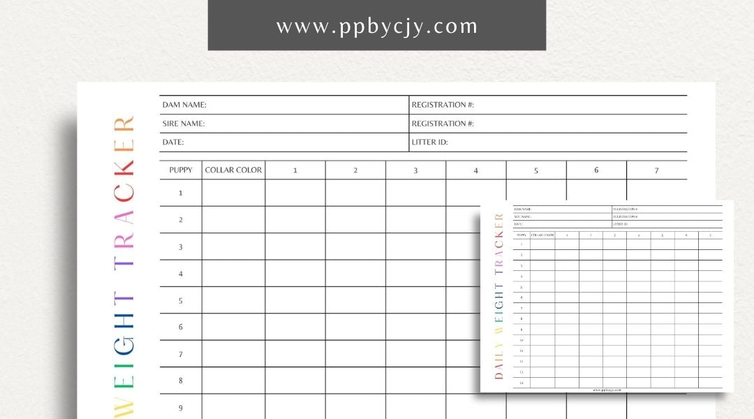 Puppy Daily Weight Tracker Printable Template – Digital download for monitoring and recording a puppy's daily weight and growth progress