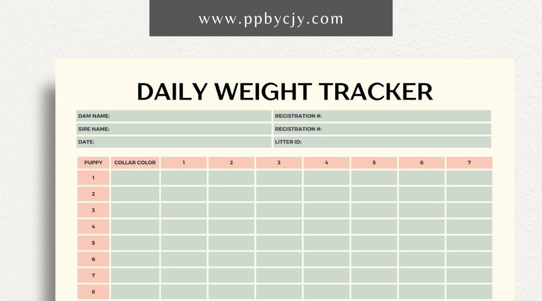 Puppy Daily Weight Tracker Printable Template – Digital download for monitoring and recording a puppy's daily weight and growth progress