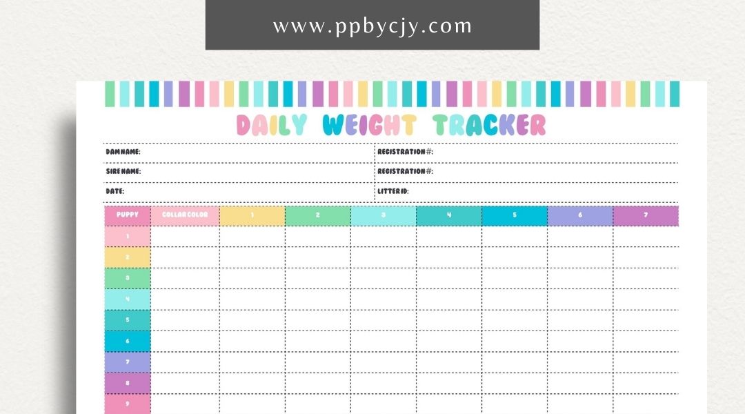 Puppy Daily Weight Tracker Printable Template – Digital download for monitoring and recording a puppy's daily weight and growth progress