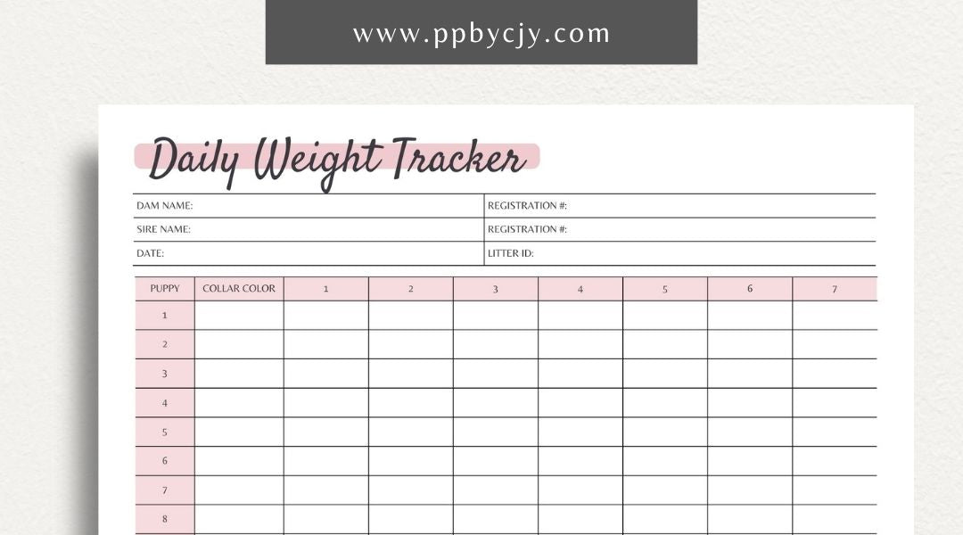 Puppy Daily Weight Tracker Printable PDF Template