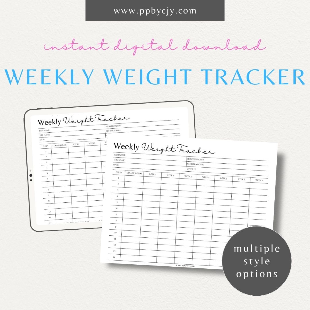 Puppy Weekly Weight Tracker Printable Growth Monitoring Template