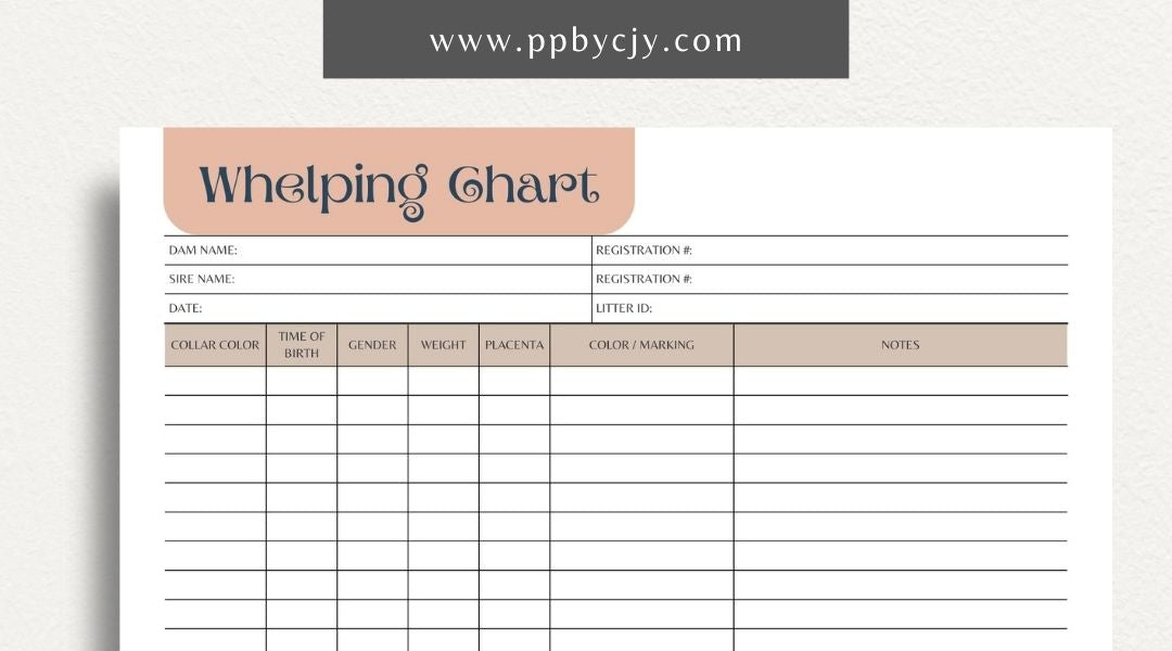 Puppy Whelping Chart Printable Template – Digital download for tracking and recording the details of a puppy's birth and early development