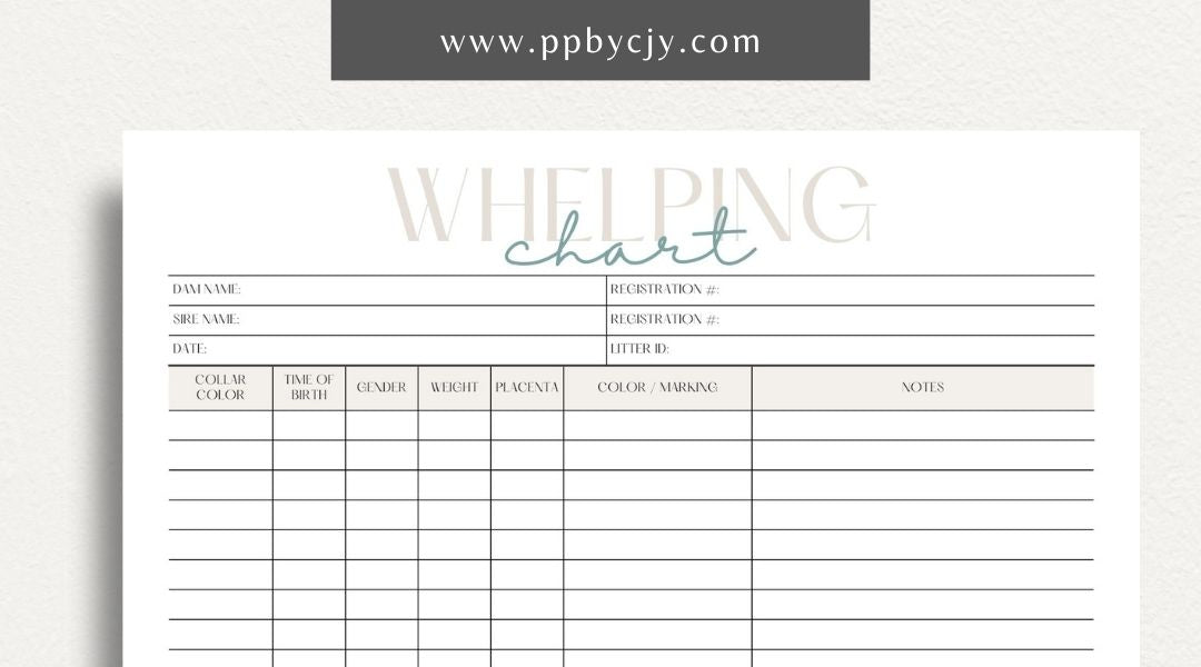 Puppy Whelping Chart Printable Template – Digital download for tracking and recording the details of a puppy's birth and early development