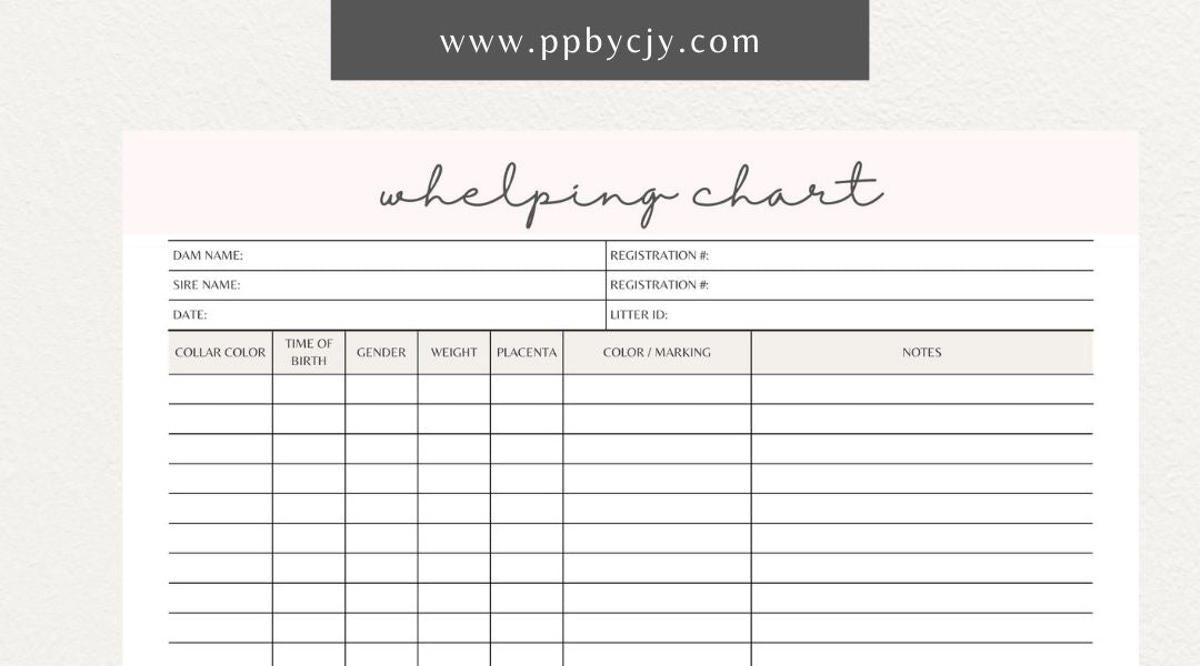 Puppy Whelping Chart Printable Template – Digital download for tracking and recording the details of a puppy's birth and early development