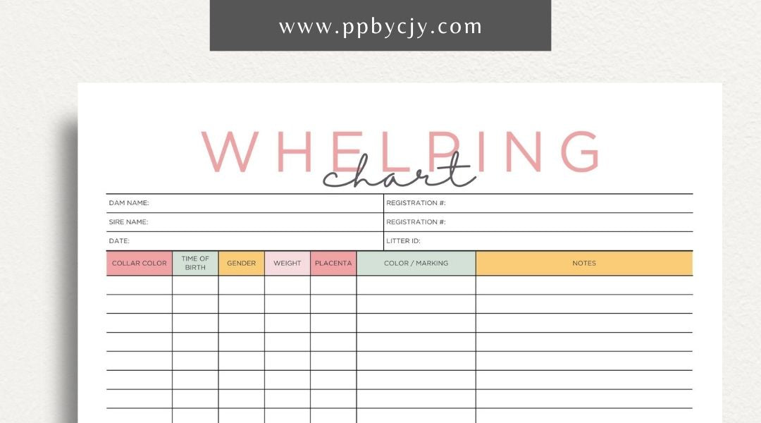 Puppy Whelping Chart Printable Template – Digital download for tracking and recording the details of a puppy's birth and early development