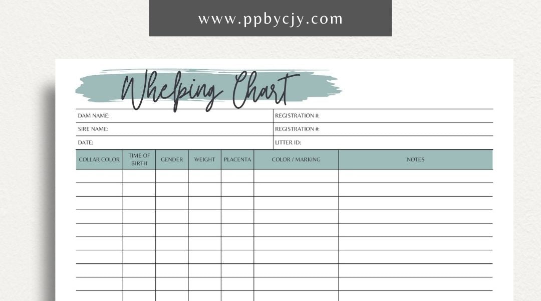 Puppy Whelping Chart Printable Template – Digital download for tracking and recording the details of a puppy's birth and early development