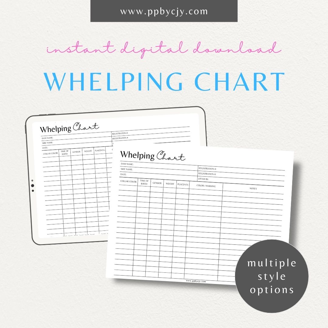Puppy Whelping Chart Printable Template – Digital download for tracking and recording the details of a puppy's birth and early development