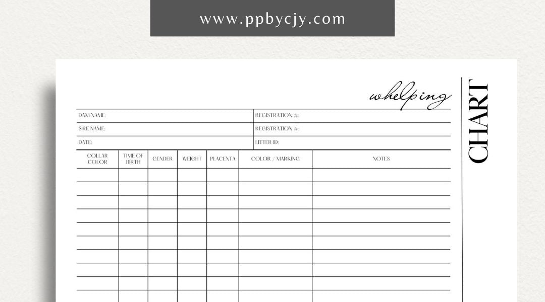 Puppy Whelping Chart Printable Template – Digital download for tracking and recording the details of a puppy's birth and early development